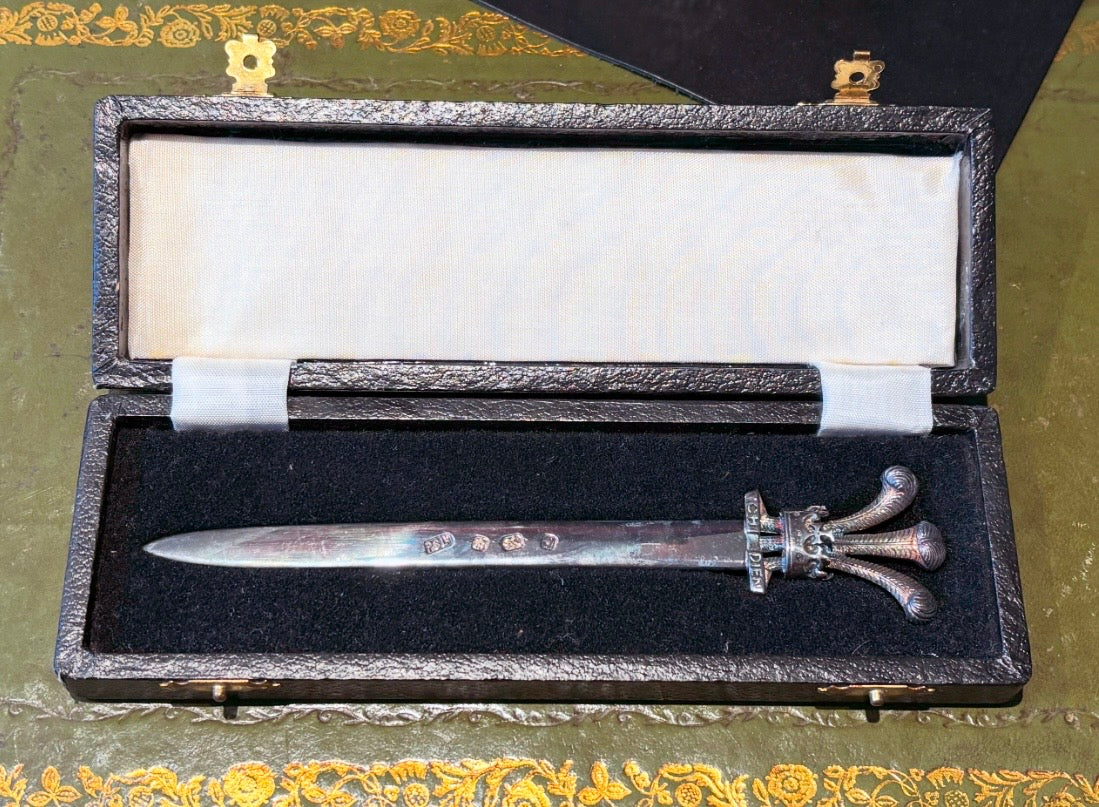 Solid Silver Letter Opener, Prince Of Wales Feathers In Fitted Case.