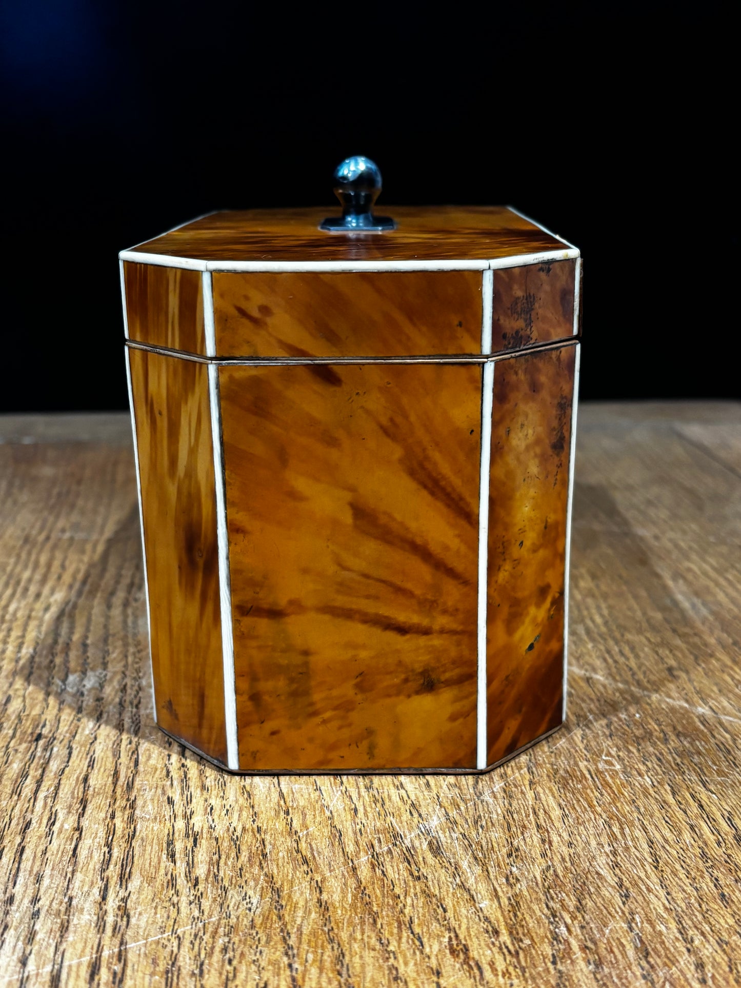 Fine English George III Blonde Tortoiseshell Tea Caddy.