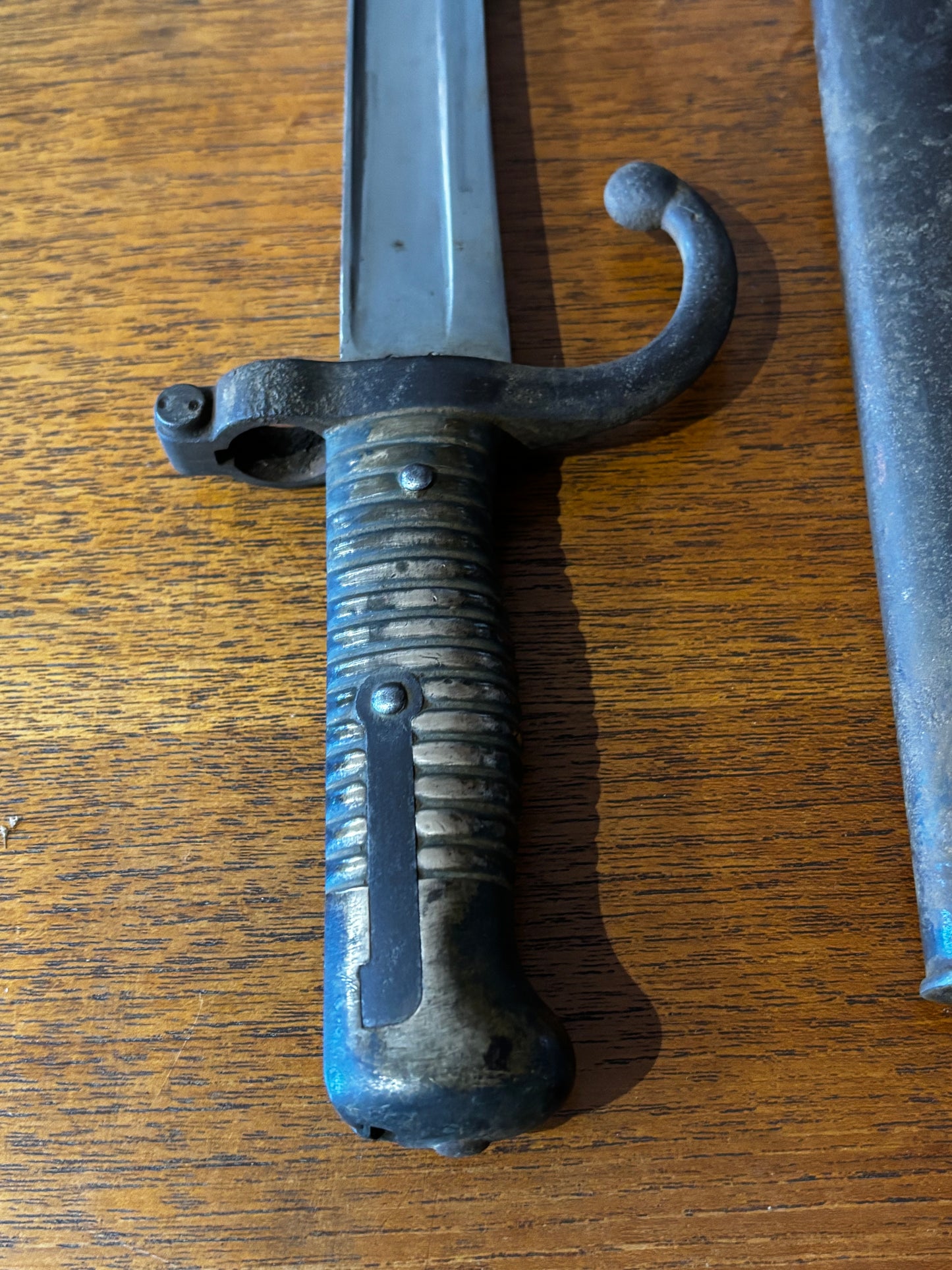Victorian French Bayonet, dated 1873 matching numbers sheaf.