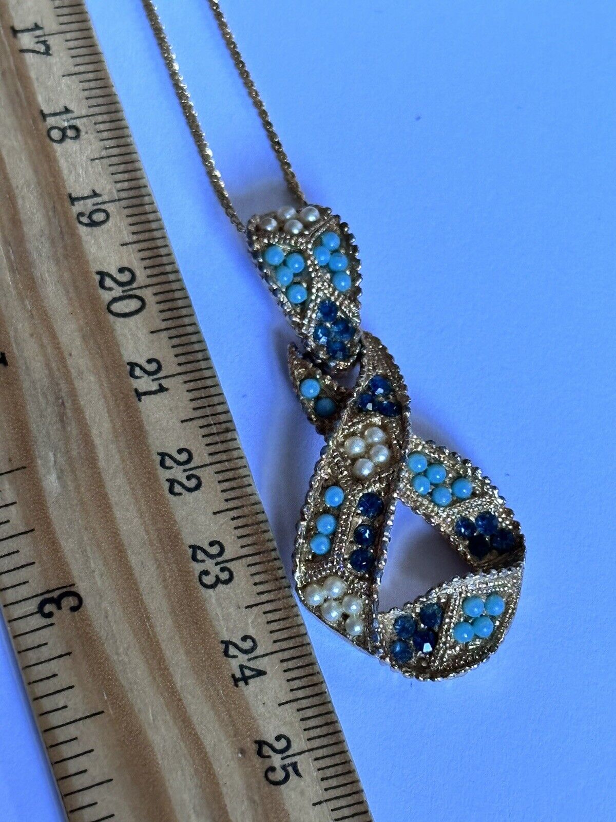 Vintage Gold Tone Faux Turquoise Pearl Blue Diamanté Pendant Necklace