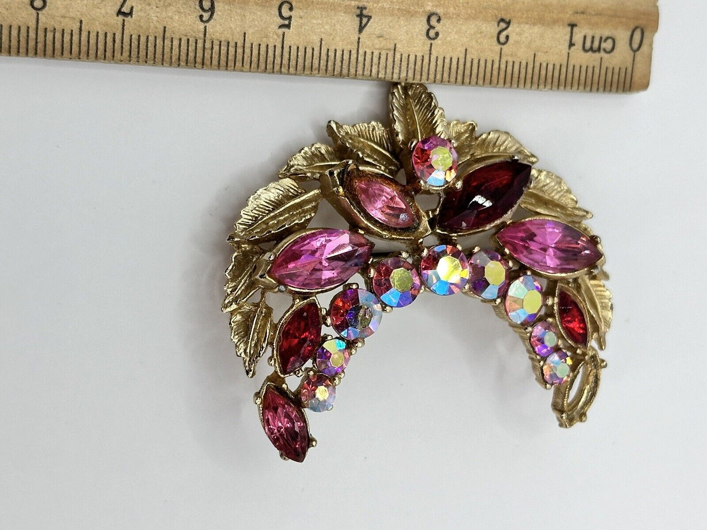 Vintage Sphinx Signed Gold Tone Pink Red Crescent  Statement  Brooch