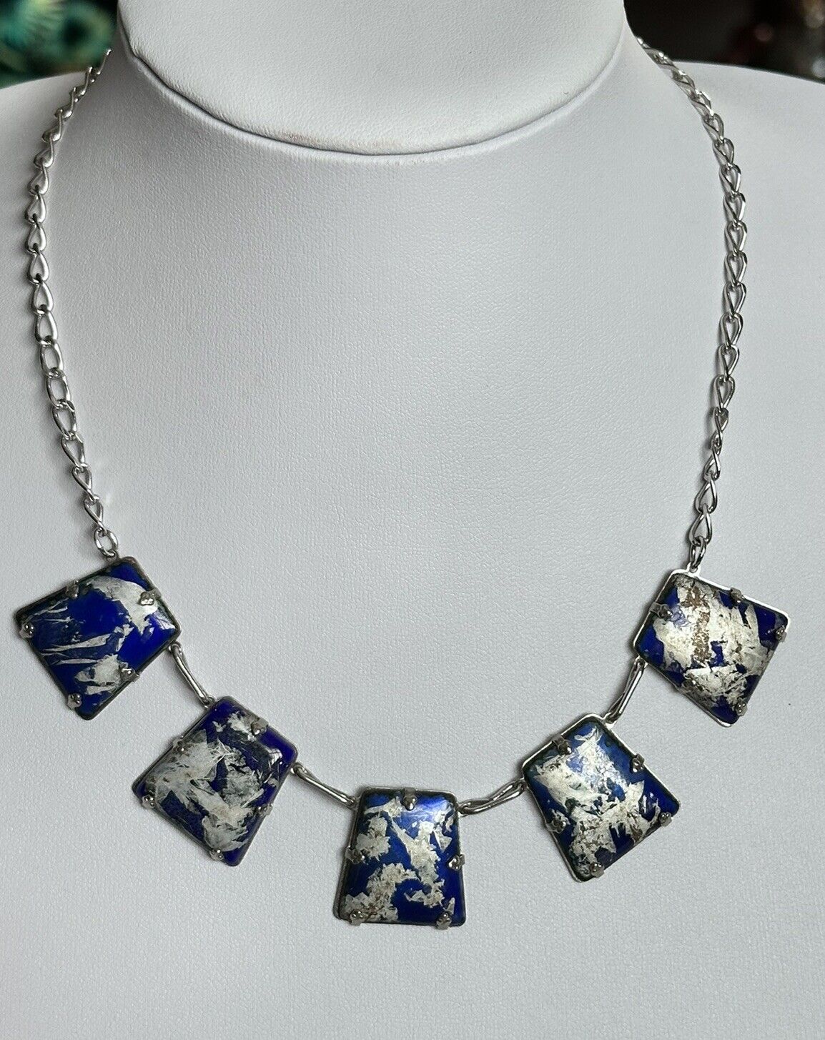 Vintage Silver Tone Blue Enamel Drops Necklace