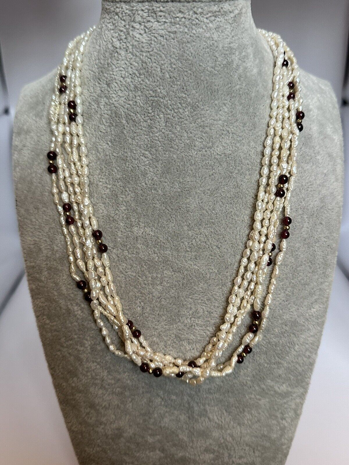 Vintage Multi Strand Freshwater Pearl Garnet Bead Necklace