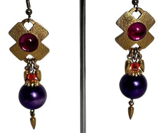 Vintage Gold Tone Pink Cabochon Purple Bead Drop Earrings