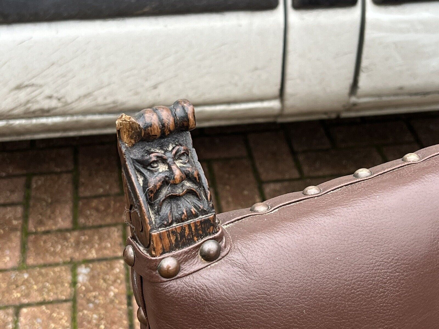 Edwardian Oak Dining Chairs, With Carved Green Man Faces.