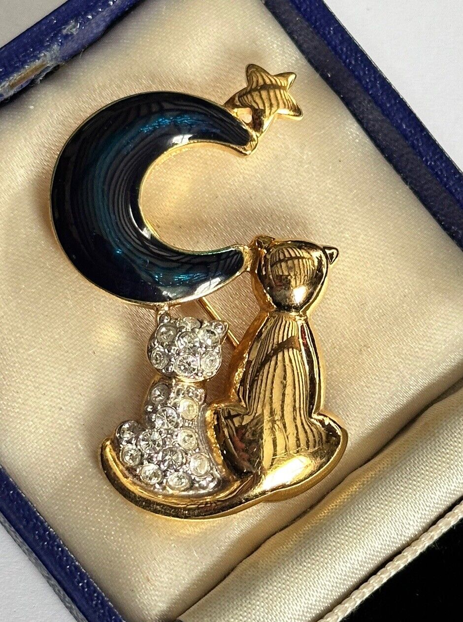 Vintage Gold Plated Blue Enamel Cats Moon Star Brooch