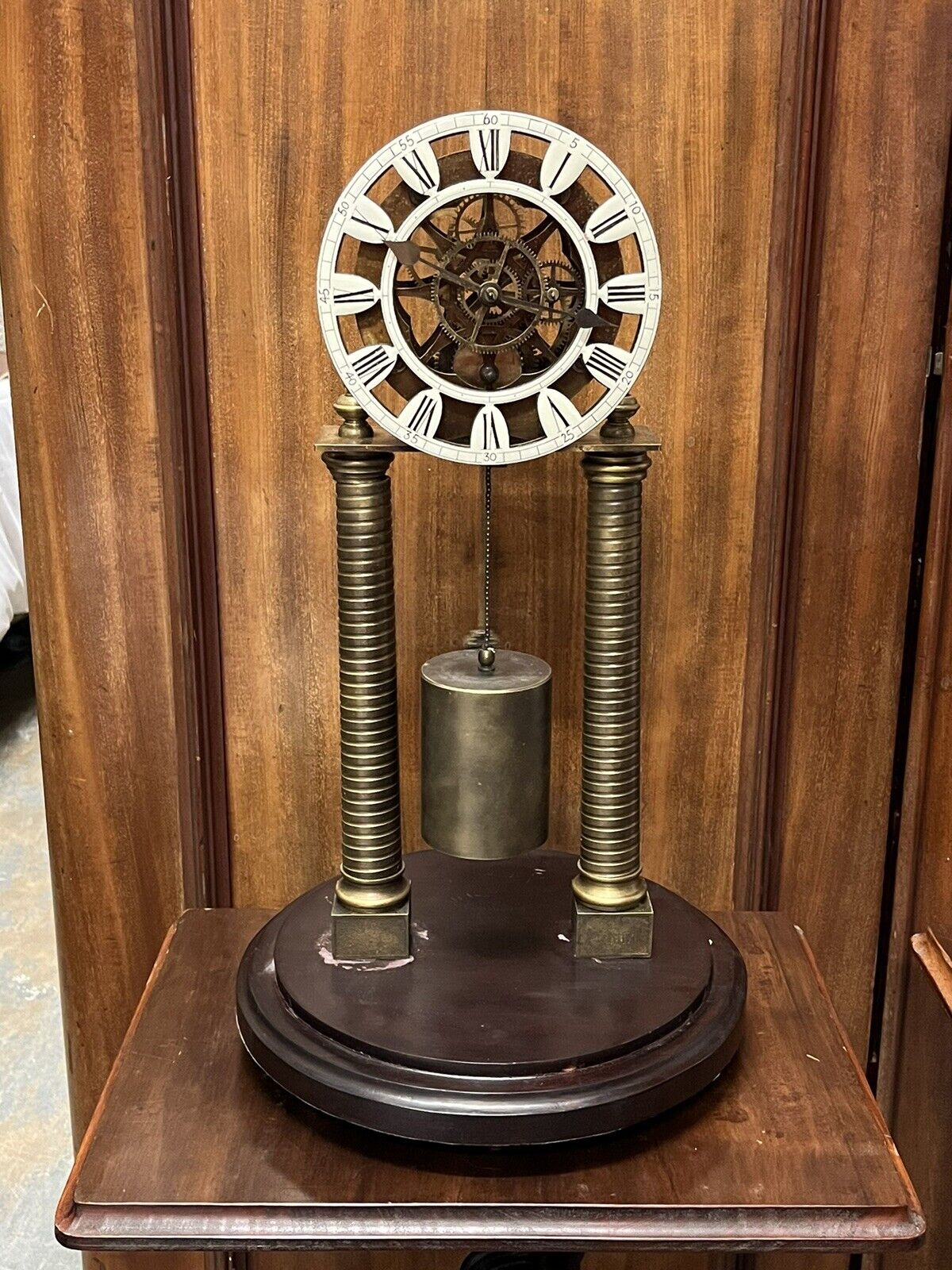 Industrial Chain Driven Skeleton Clock, Glass Done, Weight & Key. Large In Size