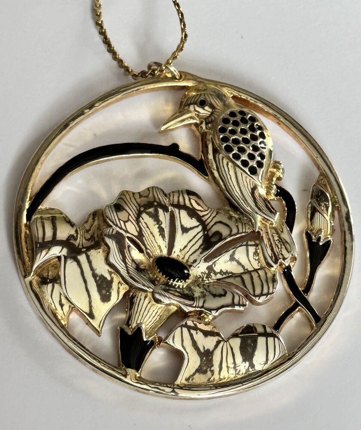 Vintage 1980s Bird Flowers Gold Tone Black Enamel Statement Pendant Necklace