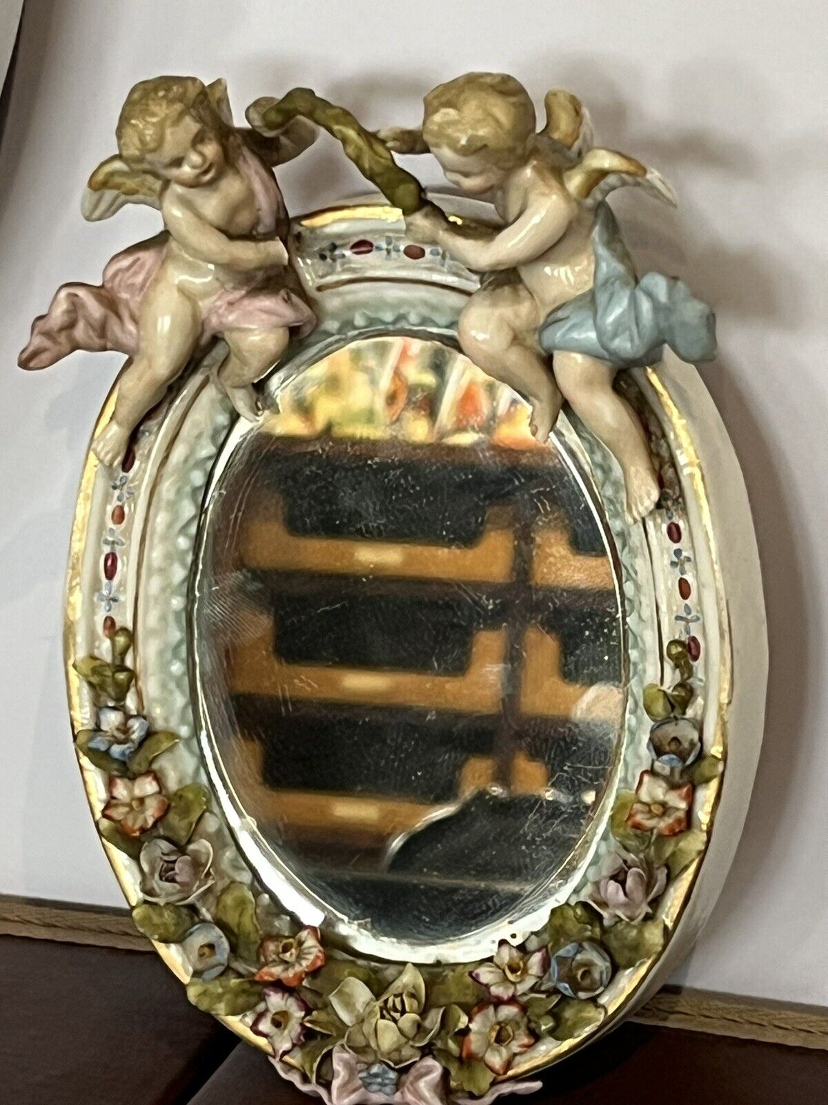 Antique Meissen German Porcelain Wall Mirror Set. Decorated With Cherubs & Birds