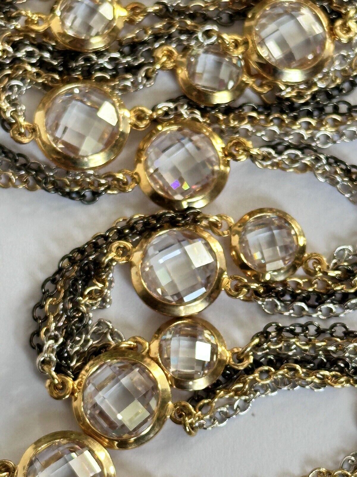 Vintage 3 Tone Metal Chain Crystal Necklace Long Length