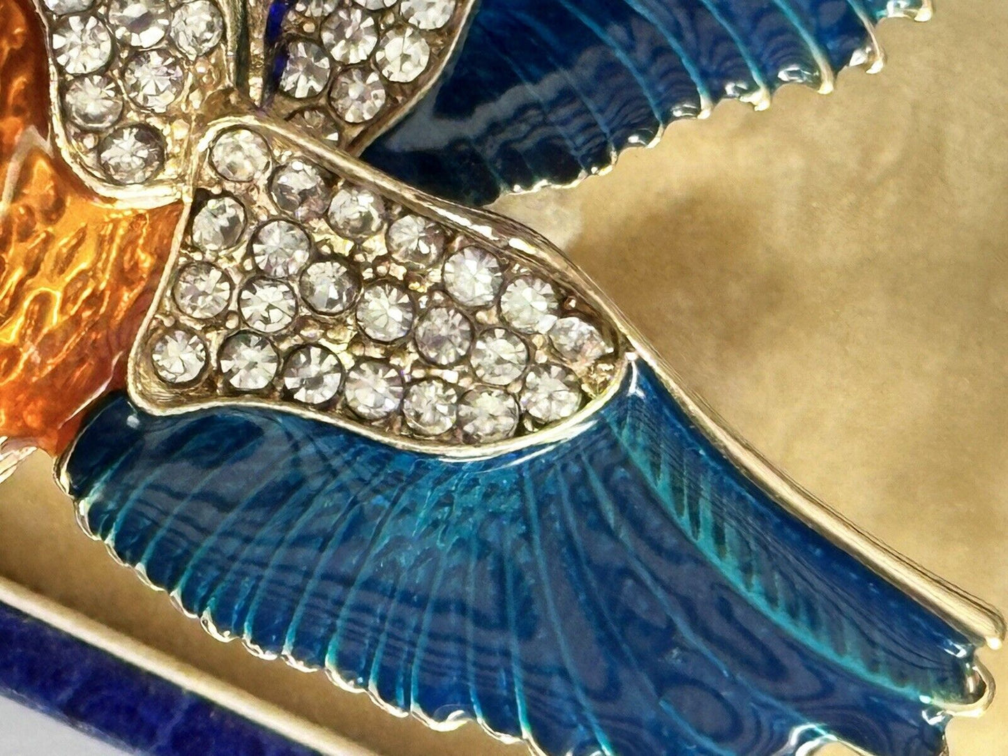 Vintage Gold Plated Blue Enamel Diamanté Hummingbird Brooch
