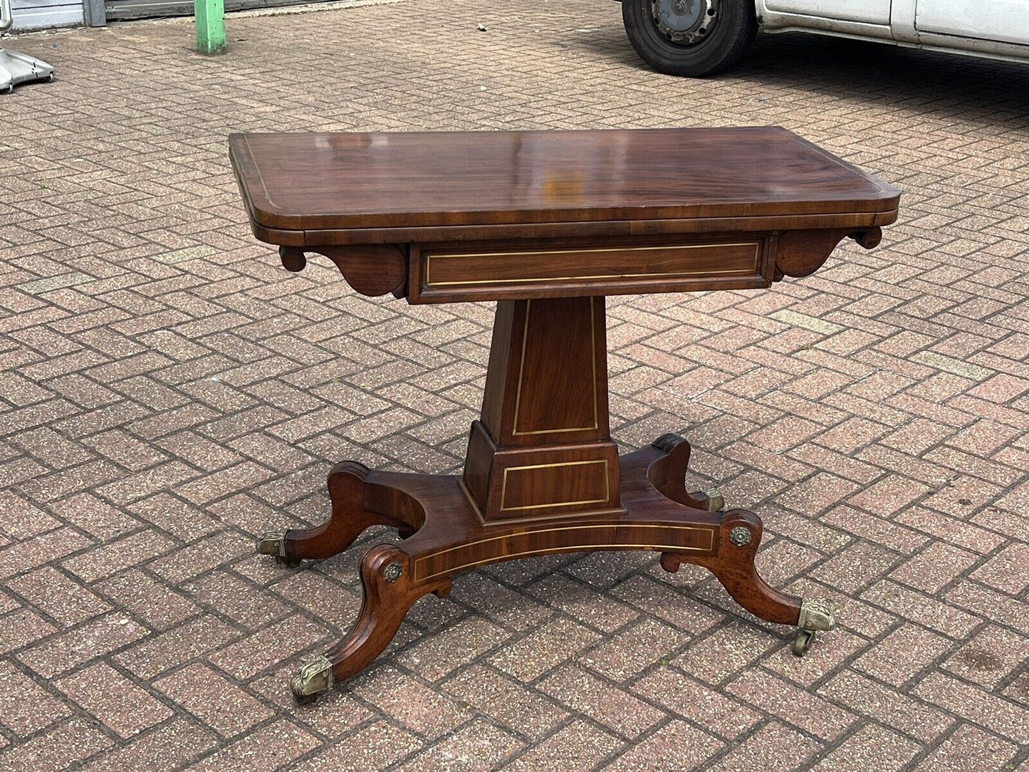 Antique Regency Mahogany & Brass Inlaid Games Table With Fold Over Lid