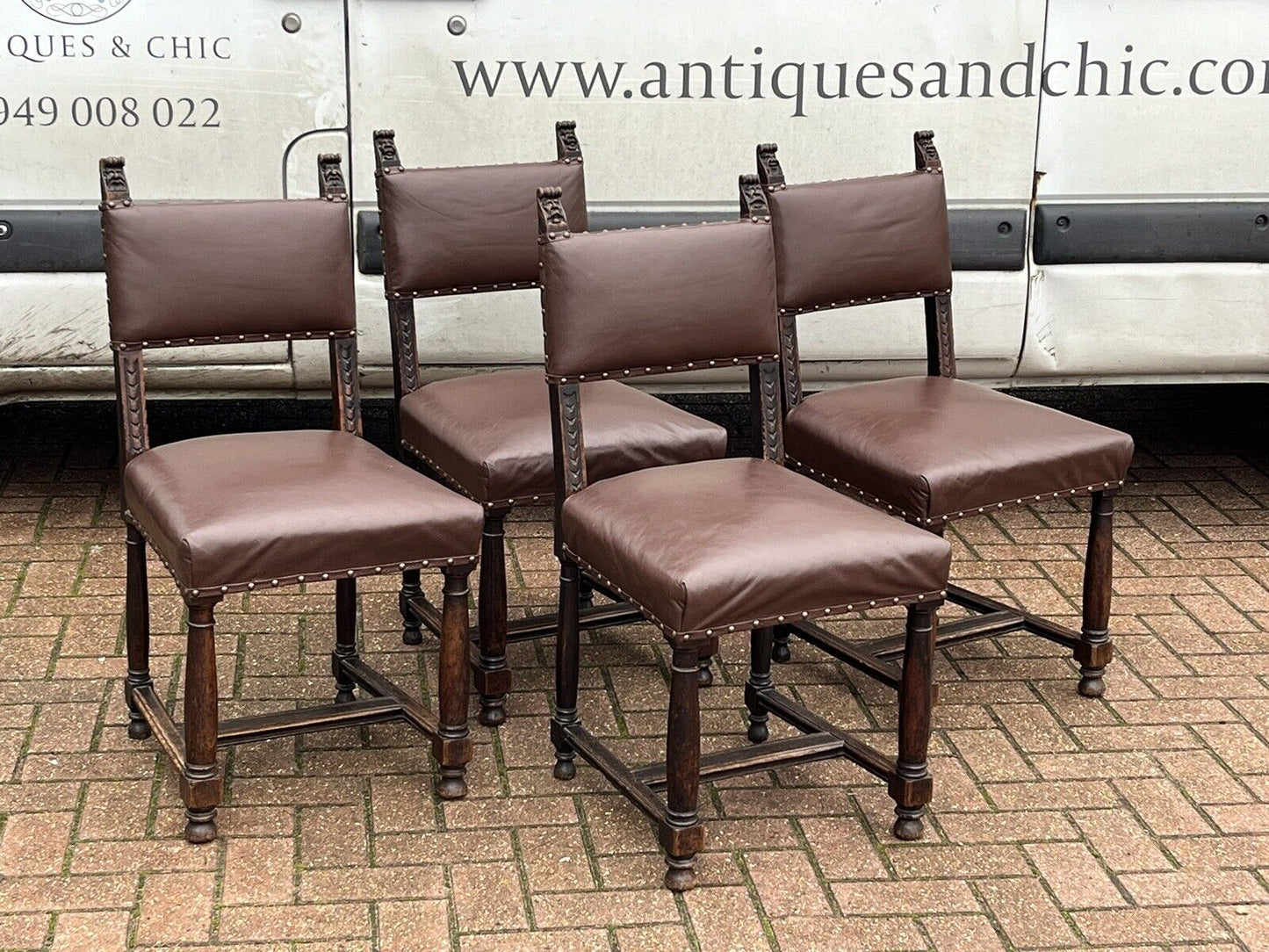 Edwardian Oak Dining Chairs, With Carved Green Man Faces.
