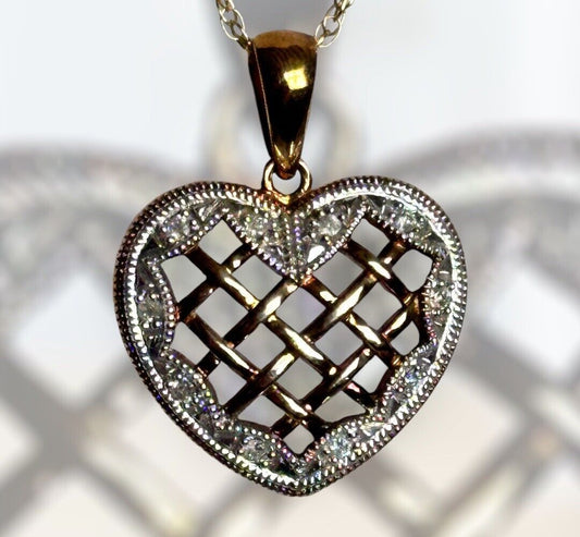 Vintage 9ct Gold 0.10ct Diamond Heart Pendant Necklace