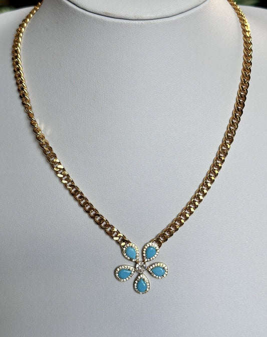 Vintage Gold Plated Faux Turquoise Diamanté Flower Necklace