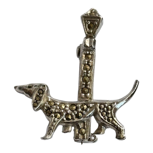Vintage Silver Tone Marcasite Sausage Dog Brooch