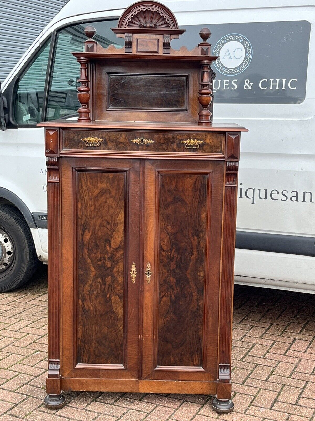 Antique Walnut Bookcase / Cupboard With Fitted Shelves & Drawer