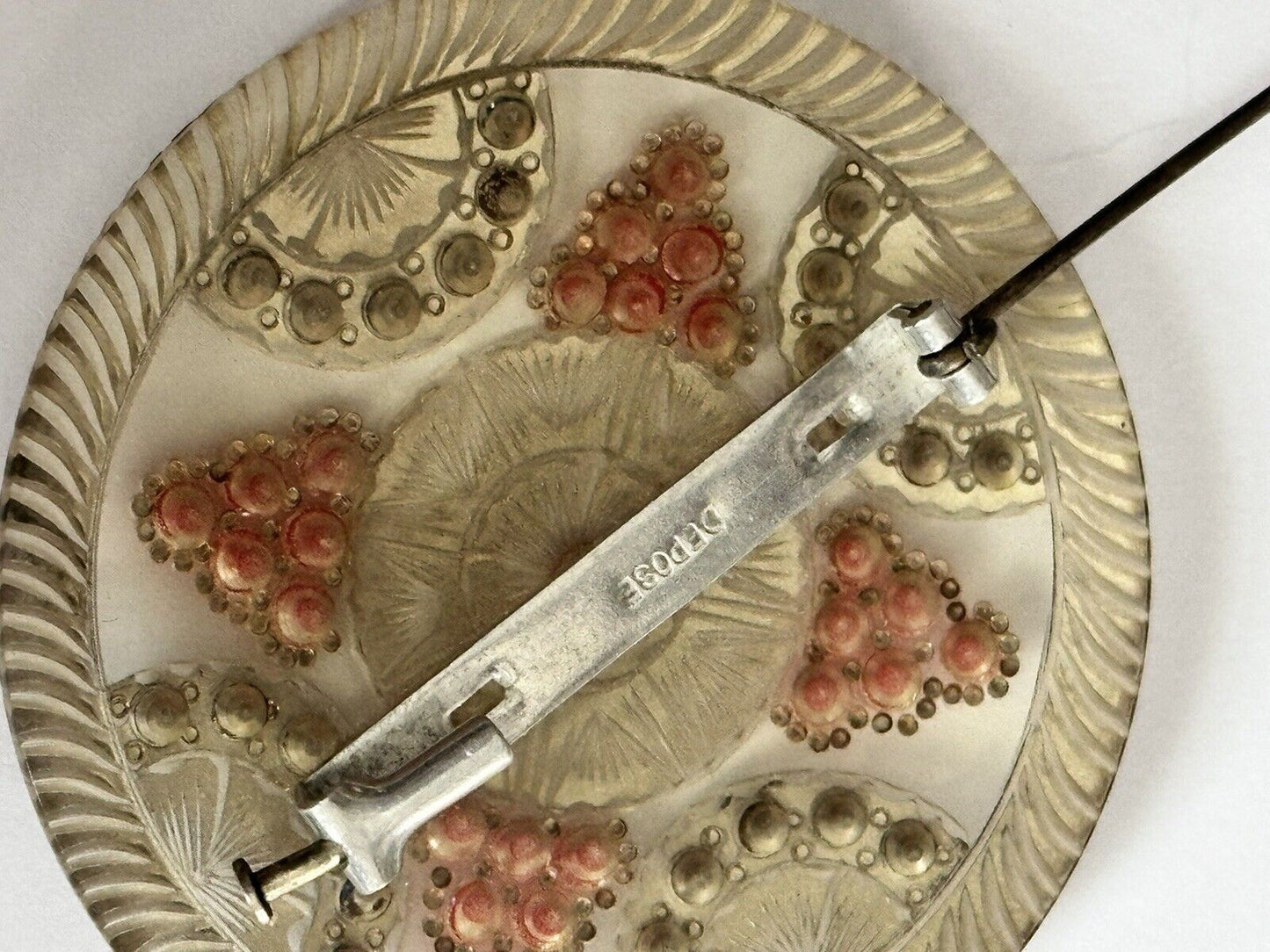 Vintage Early French Carved Lucite Red Bead Blue Paste Detailed Brooch