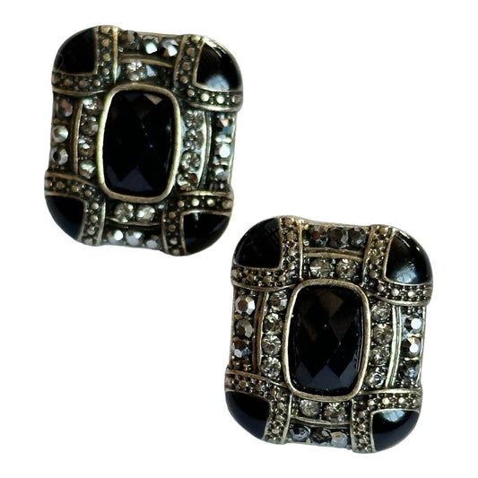 Vintage Silver Tone Black Enamel Diamanté Deco Style Earrings