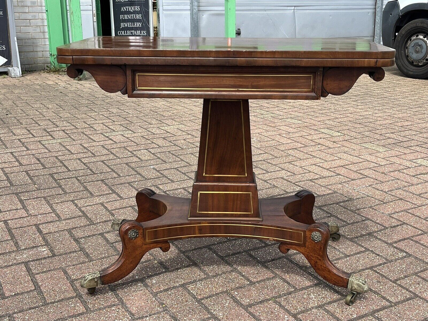 Antique Regency Mahogany & Brass Inlaid Games Table With Fold Over Lid