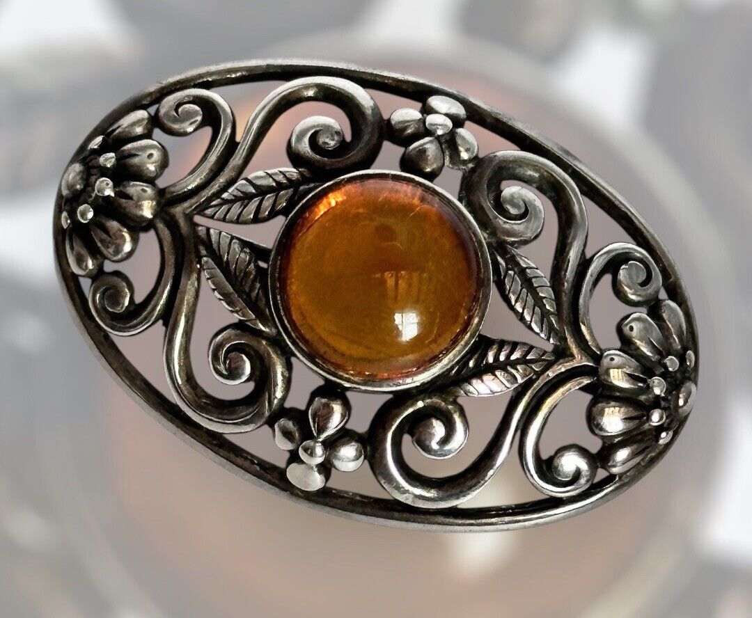 Vintage Silver 925 Baltic Amber Brooch