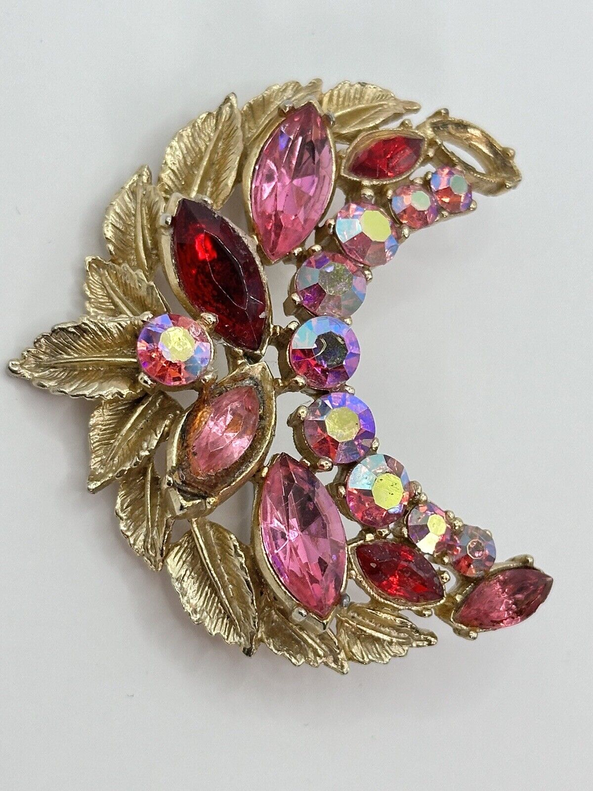 Vintage Sphinx Signed Gold Tone Pink Red Crescent  Statement  Brooch