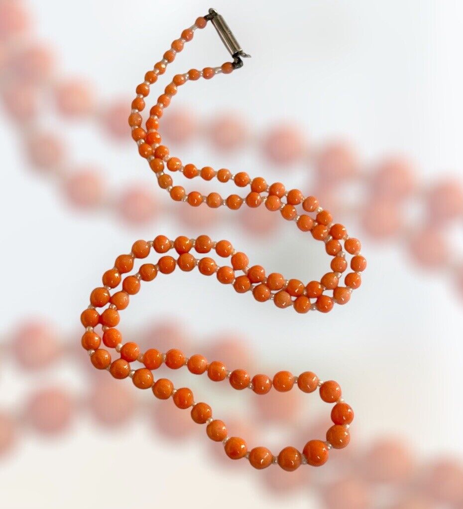 Antique Victorian Pink Salmon Coral And Pearl Beaded Necklace 9ct Gold Clasp