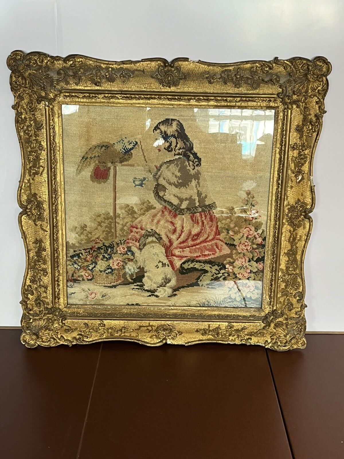 Georgian Embroidery/ Tapestry In Gold Gilt Frame.