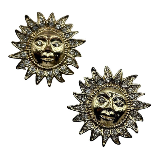 Vintage 1980s Gold Tone Sunburst Face Diamanté Earrings