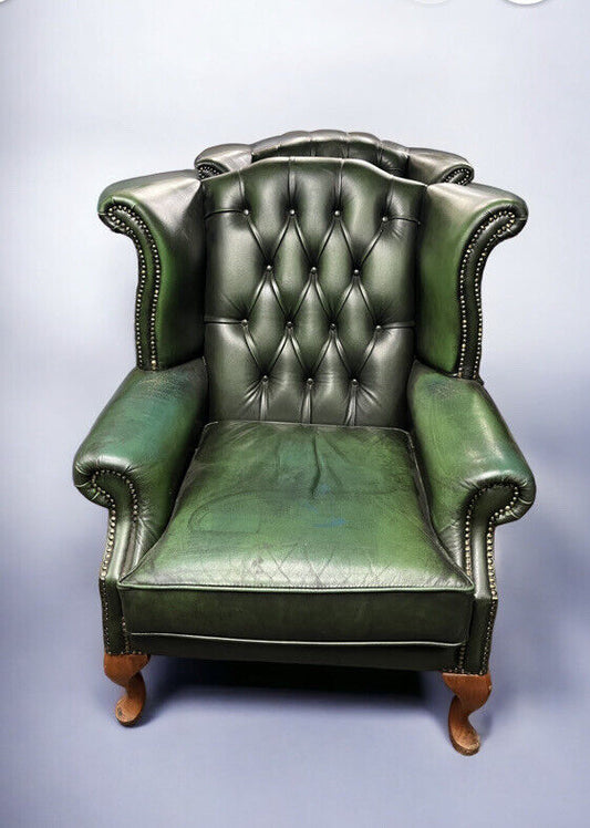 Green Leather Armchairs. Good Quality, Buttoned Back, Impressive