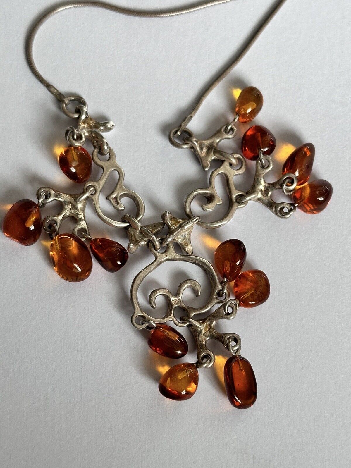 Vintage Silver 925 Baltic Amber Detailed Metalwork Necklace