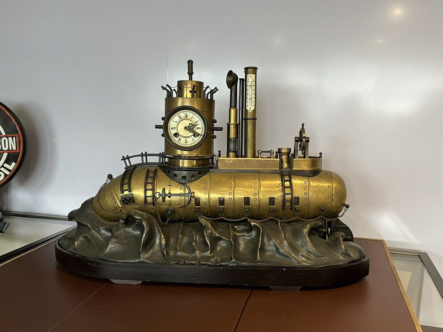 SUBMARINE novelty Brass & Metal Industrial Exhibition Clock. HUGE IN SIZE