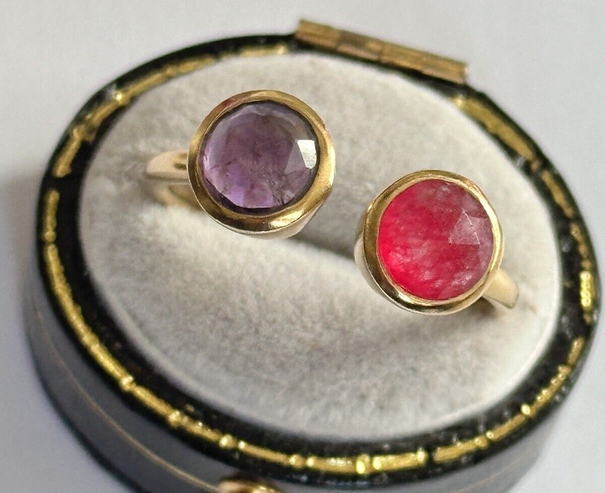 Vintage 18ct Gold Vermeil On Sterling Silver Ruby Amethyst Ring