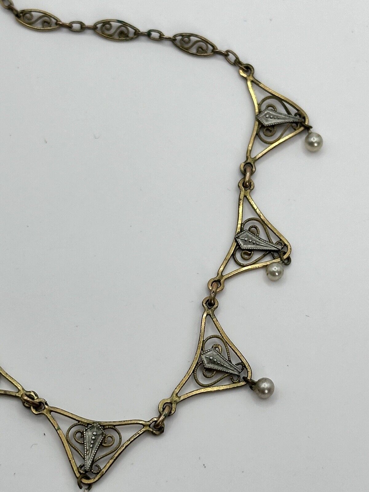 Vintage Gold Silver Tone Cut Out Faux Pearl Drop Necklace