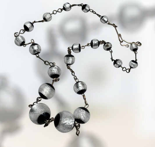 Vintage Deco Foiled Czech Glass Silver Black On Rolled Gold Chain