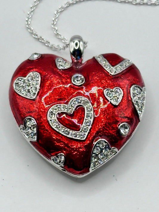 Vintage 1980s Rhodium Plated Red Heart Crystal Necklace New Old Stock