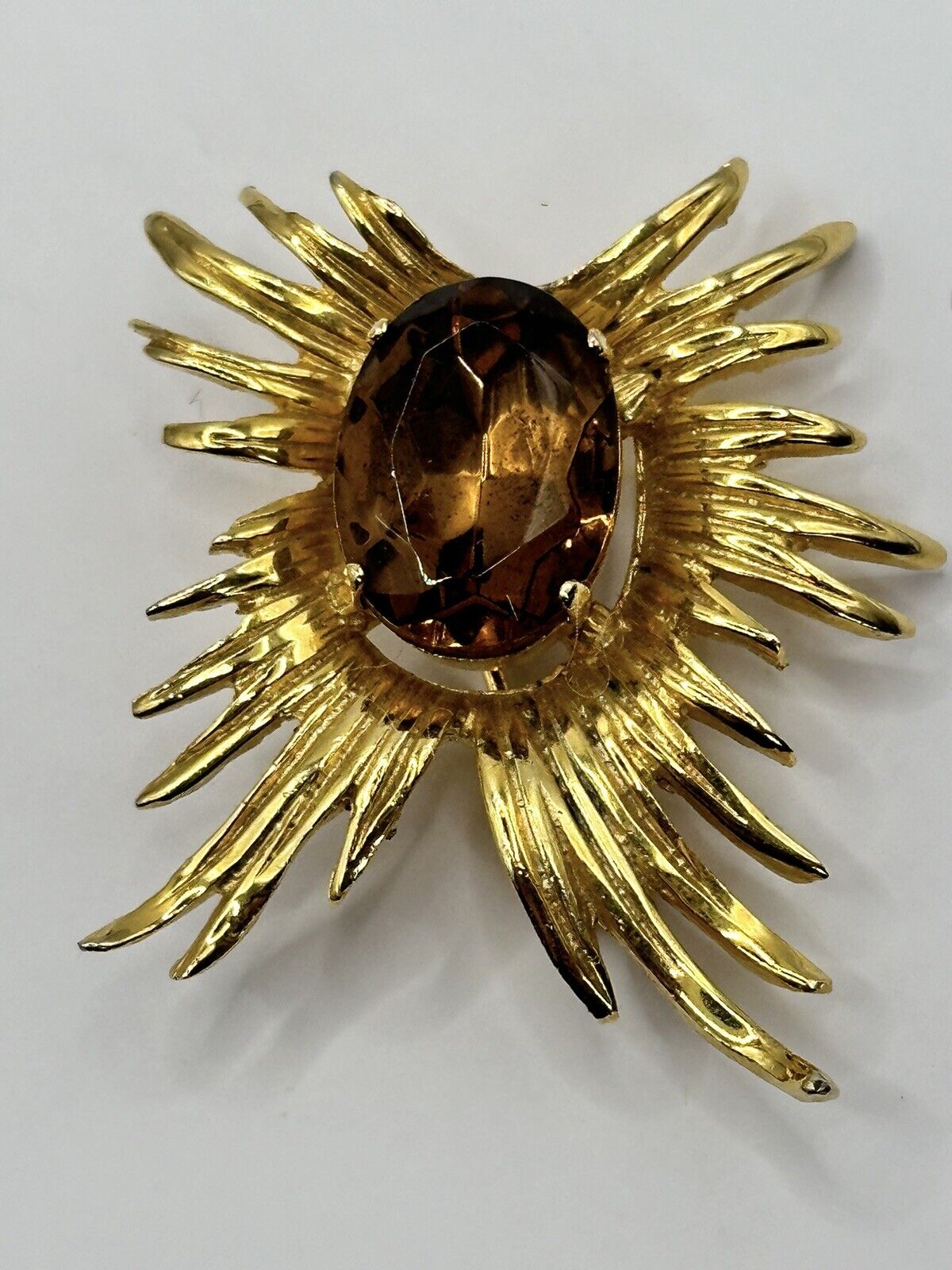 Vintage Gold Tone 1960s/70s Cognac Stone Brooch