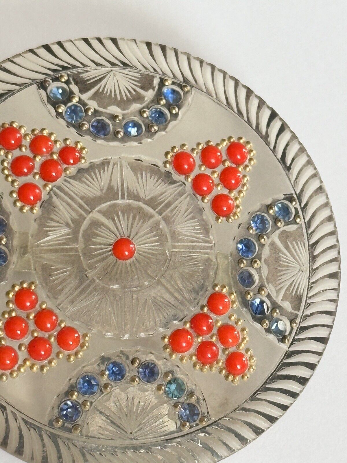 Vintage Early French Carved Lucite Red Bead Blue Paste Detailed Brooch