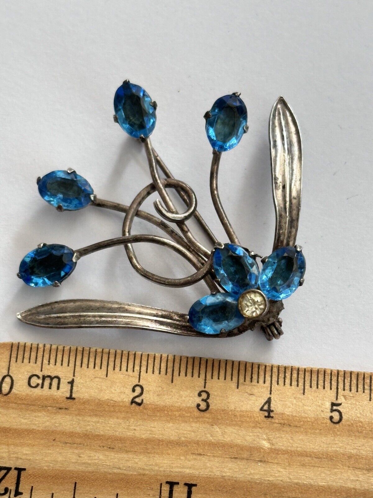 Vintage Silver Tone Blue Stone Flower Spray Brooch