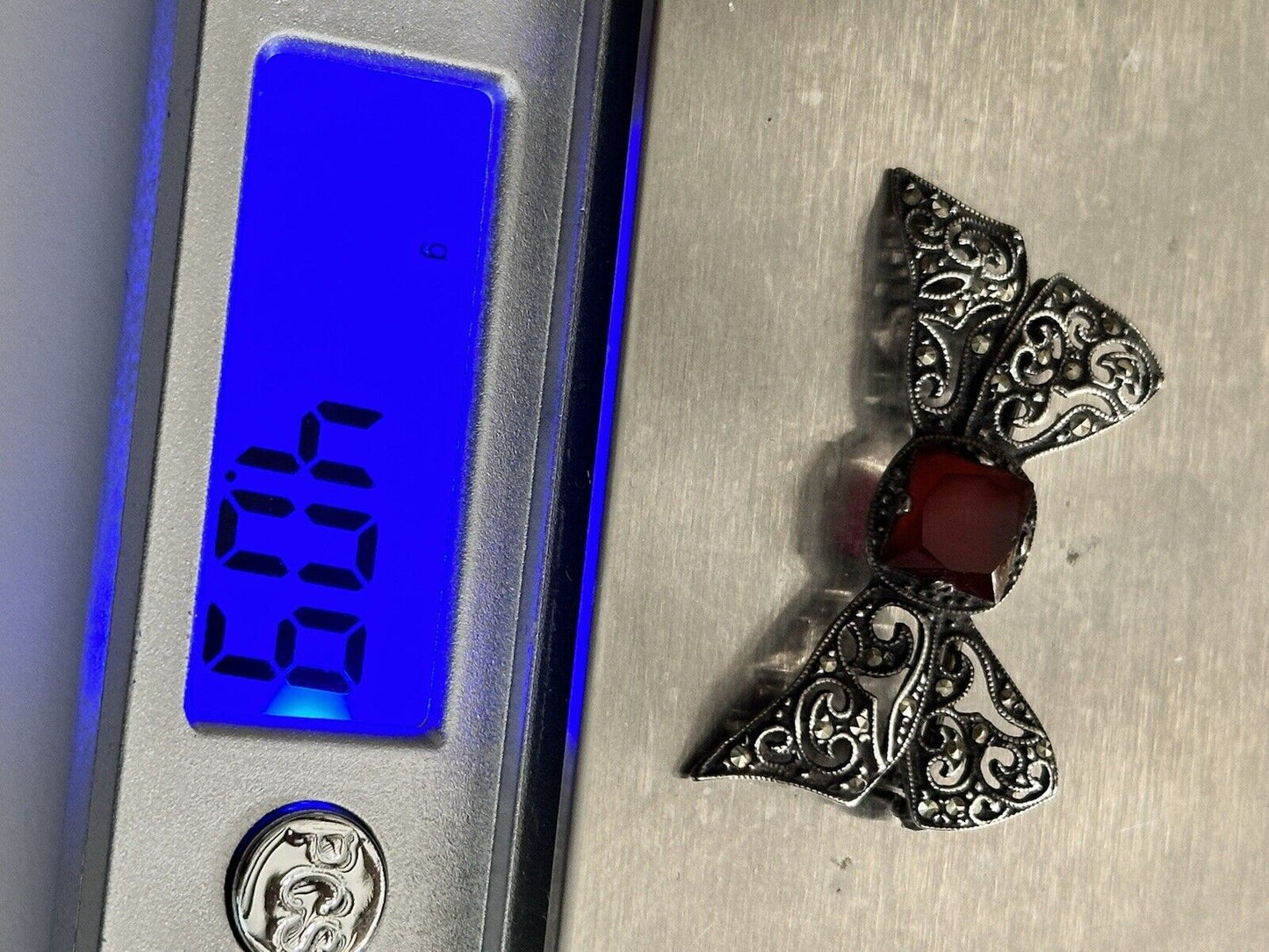 Vintage Antique Silver Marcasite Carnelian Bow Brooch