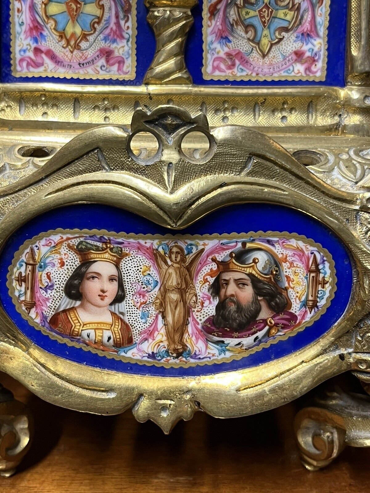 Victorian Brass Clock Under Glass Done, Porcelain Painted Panels Of Royalty