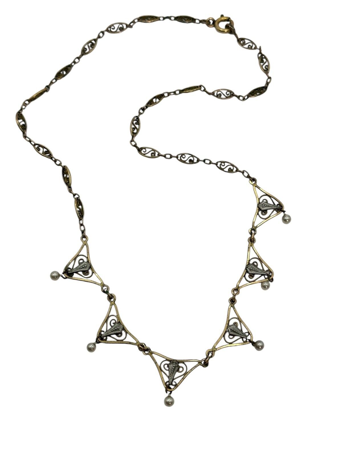 Vintage Gold Silver Tone Cut Out Faux Pearl Drop Necklace