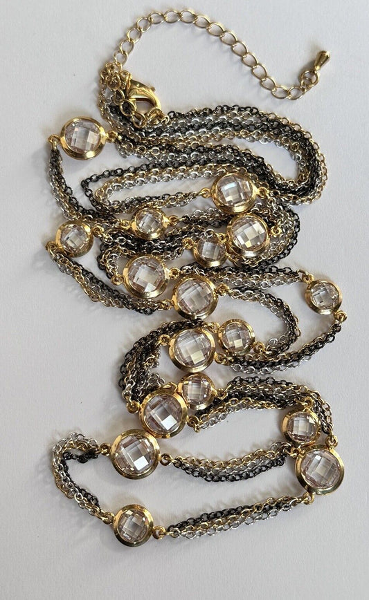 Vintage 3 Tone Metal Chain Crystal Necklace Long Length