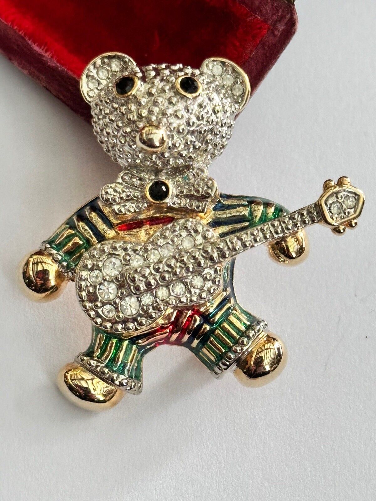 Vintage Gold Tone Diamanté Teddy Bear With Guitar  Brooch