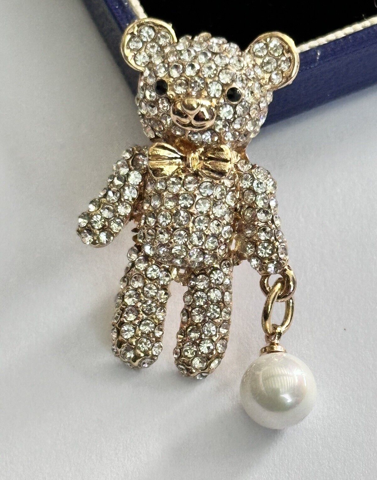 Vintage Gold Tone Diamanté Faux Pearl Teddy Bear  Brooch