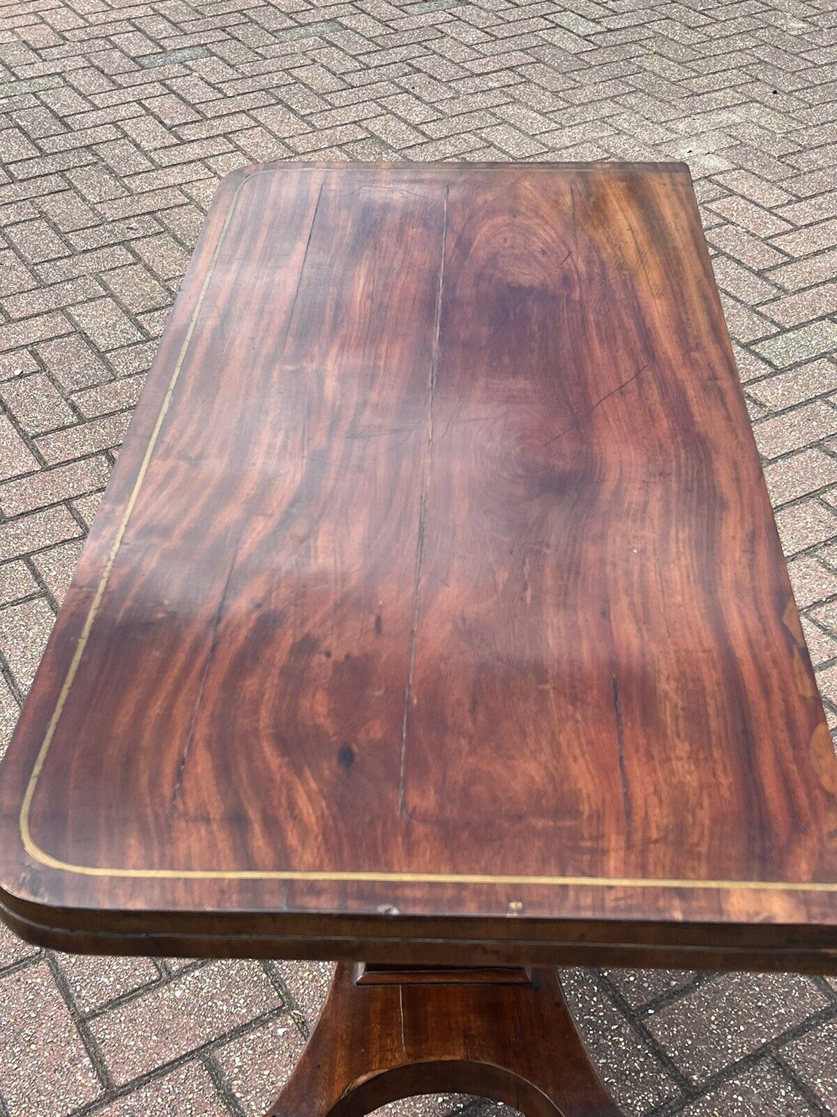 Antique Regency Mahogany & Brass Inlaid Games Table With Fold Over Lid