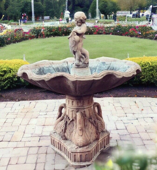 Huge Terracotta Garden Fountain, On A Swan Base, Oyster Shell With A Boy & Carp