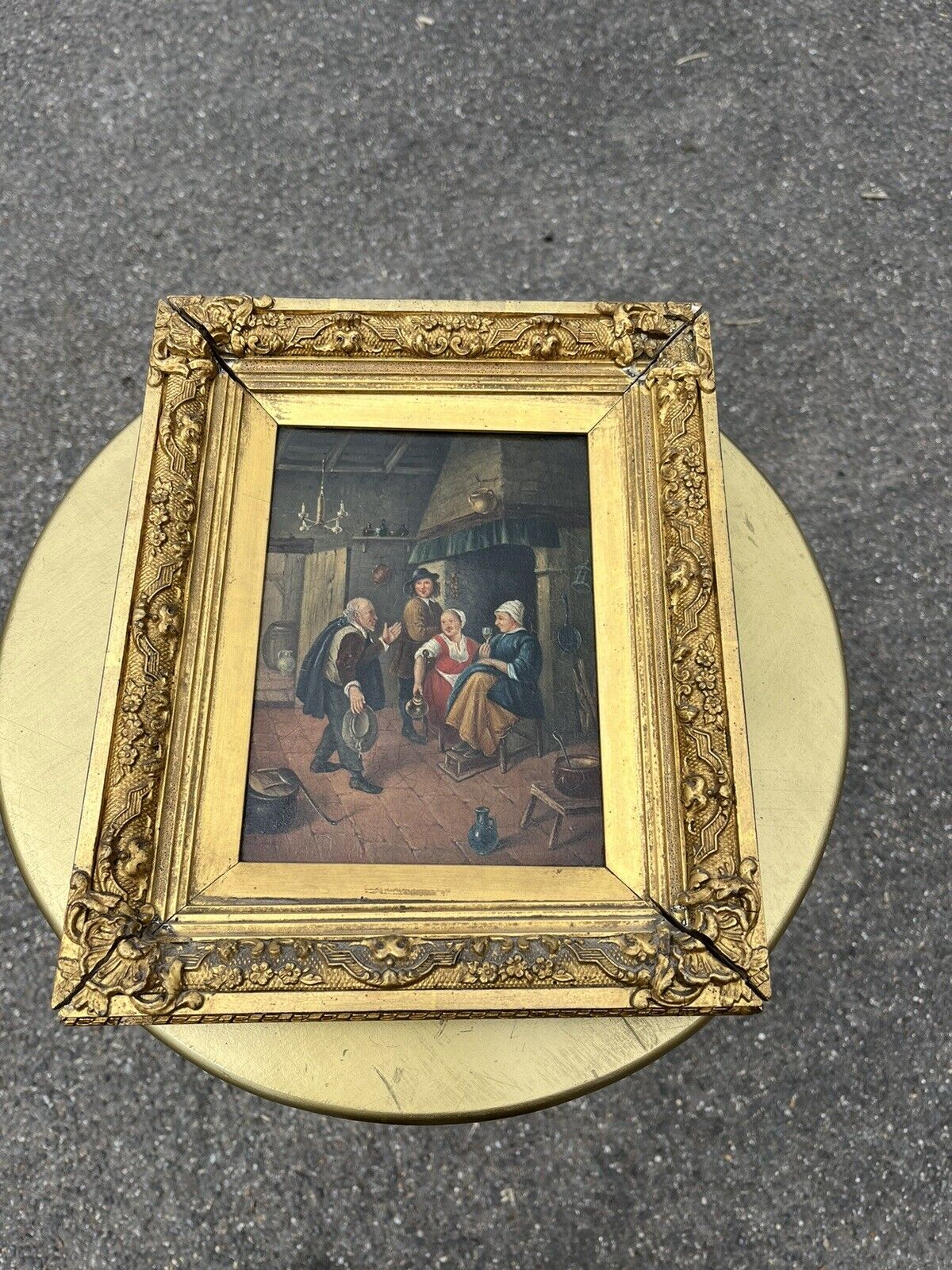 19th Century Tavern Or Inn Scene. Oil On Canvas In Gold Gilt Frame.