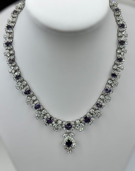 Vintage Statement Purple Clear Diamantés Lavaliere Necklace