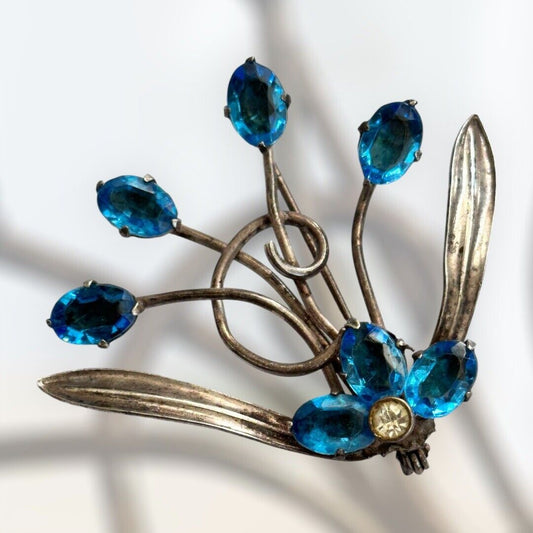 Vintage Silver Tone Blue Stone Flower Spray Brooch